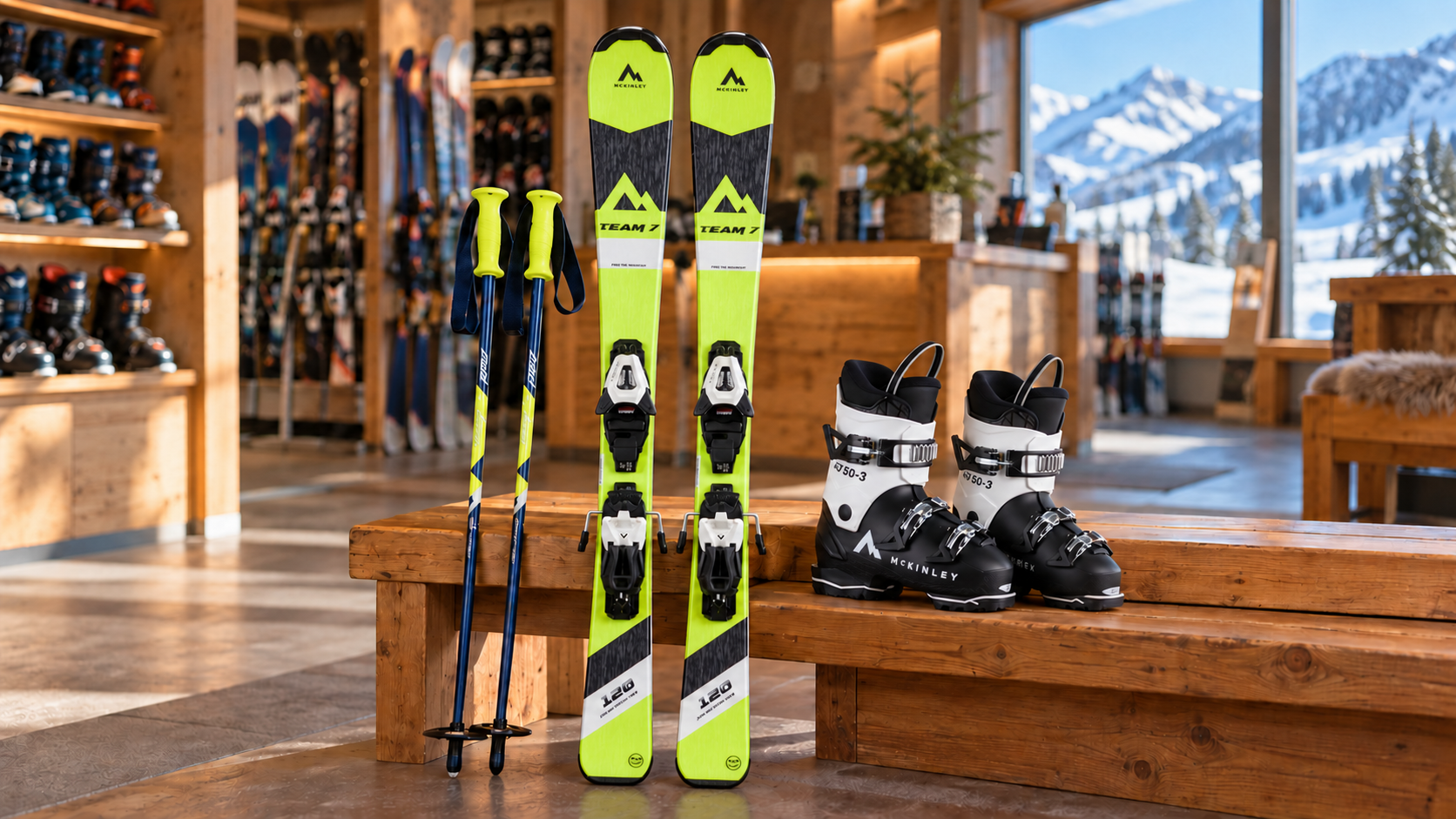 Kinderski mit Skischuhen und gelben Stöcken für den Ski-Saisonverleih bei ZÖLS