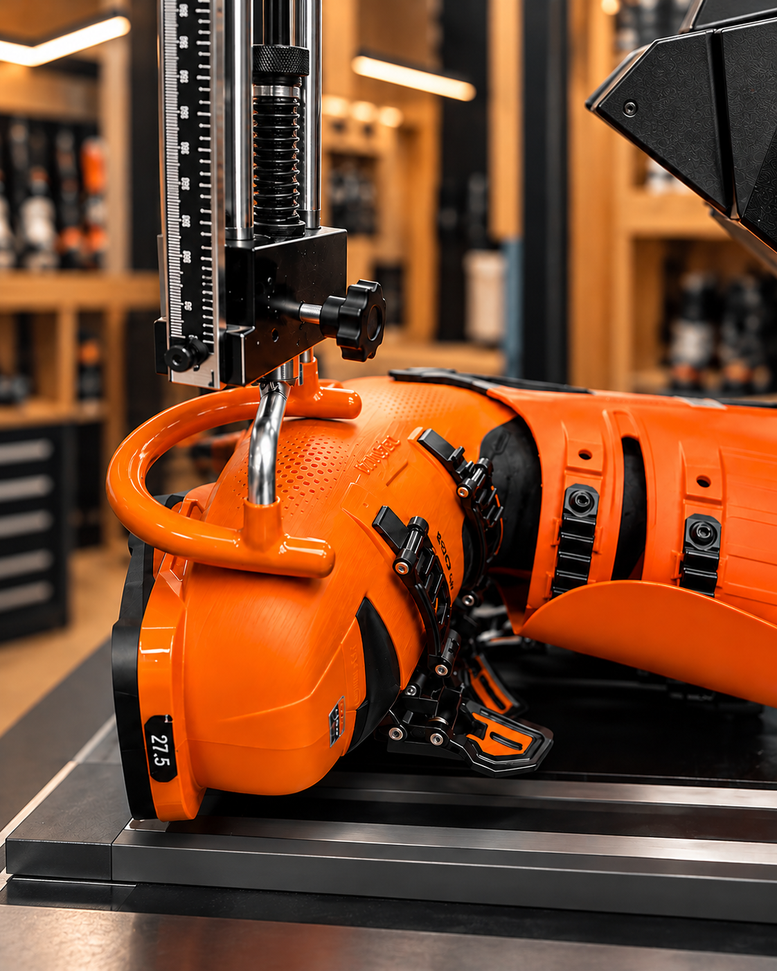 Individuelle Anpassung eines orangefarbenen Skischuhs in der Bootfitting-Werkstatt