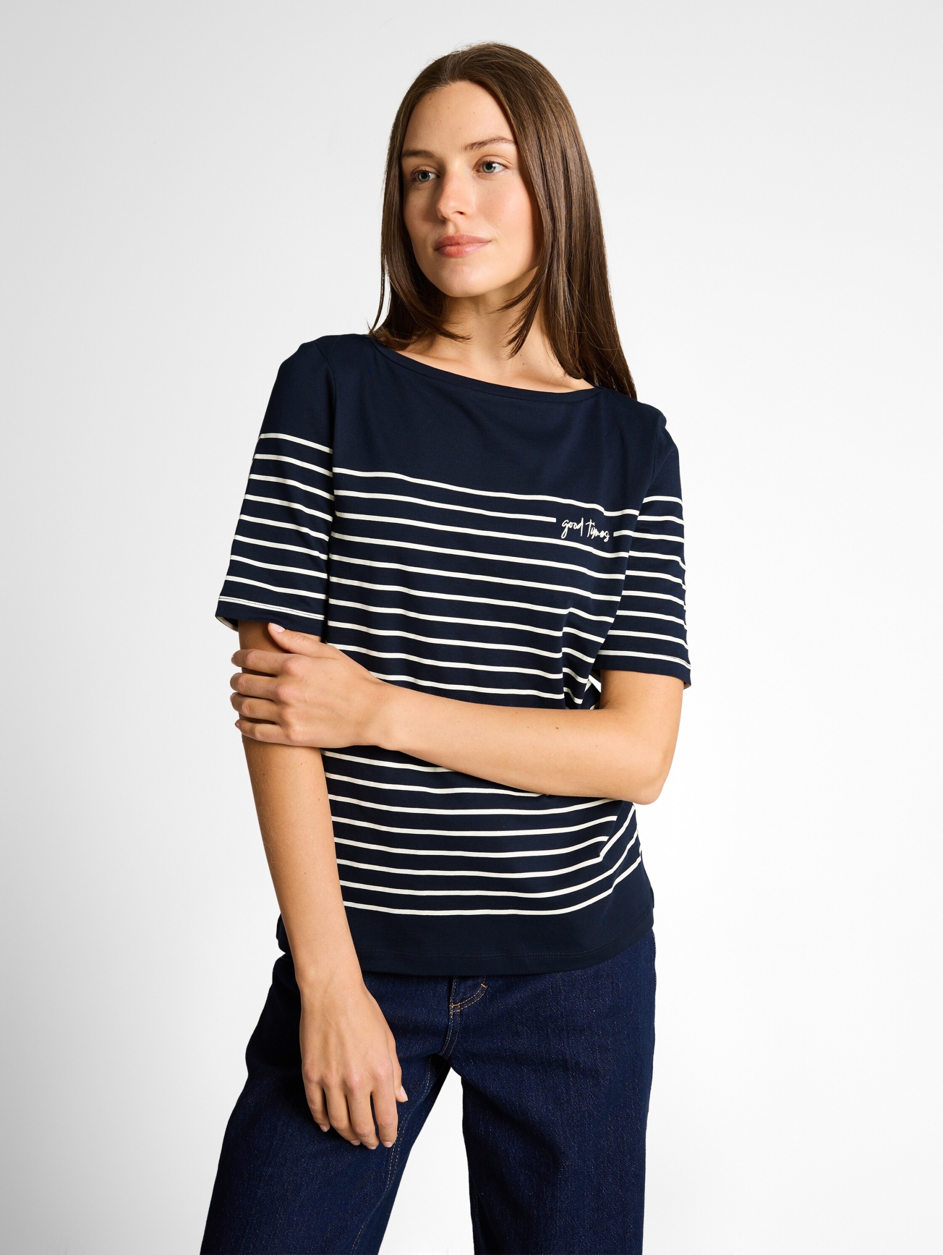 T-shirt placed stripe boat nec #6