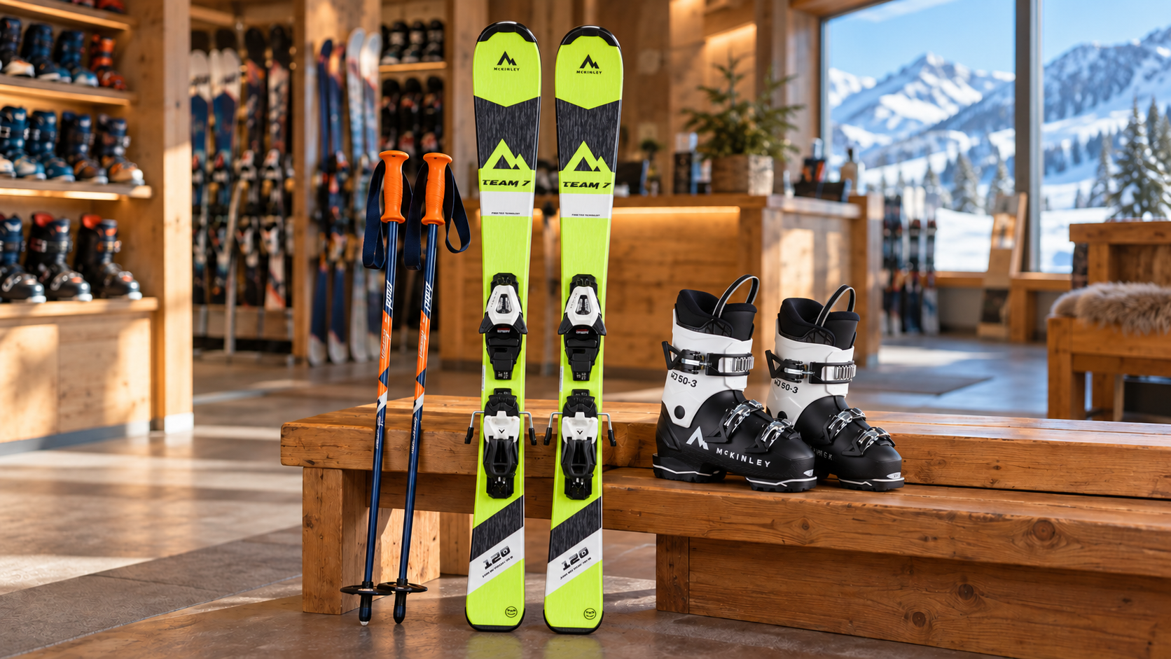 Kinder-Ski-Saisonverleih: McKINLEY-Ski mit Skischuhen und Stöcken