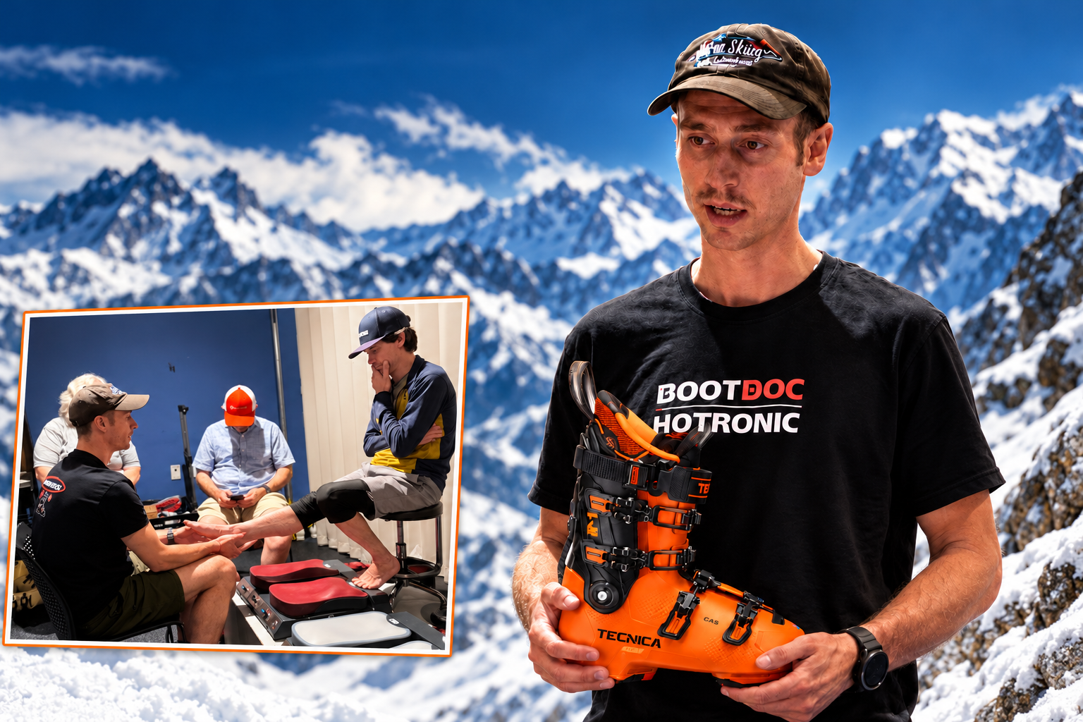 Kevin Gebhard mit Skischuh und beim Bootfitting